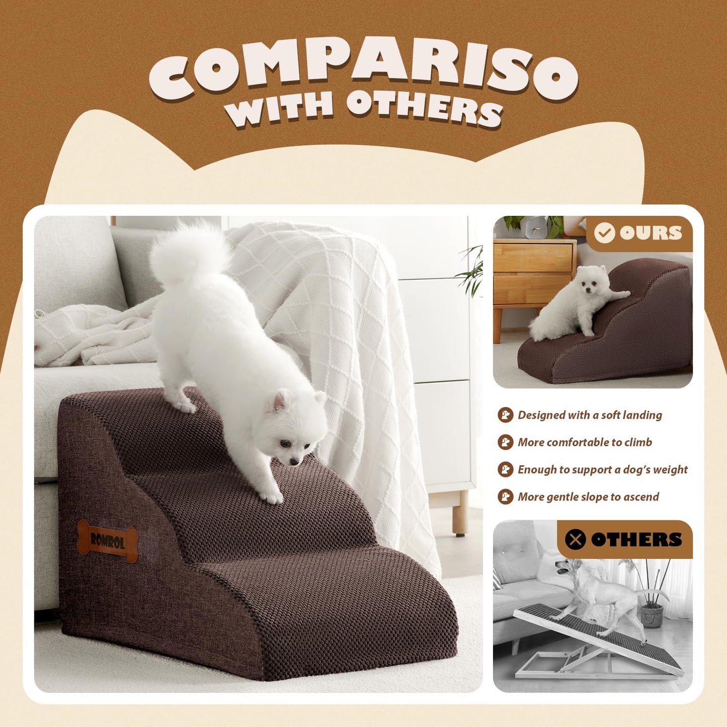 Romrol Dog Stairs Ramp for Beds Couches, Extra Wide Pet Steps with Durable Non-Slip Waterproof Fabric Cover, Dog Slope Stairs for Small Dogs and Cats or Pets Friendly, 3-Tiers