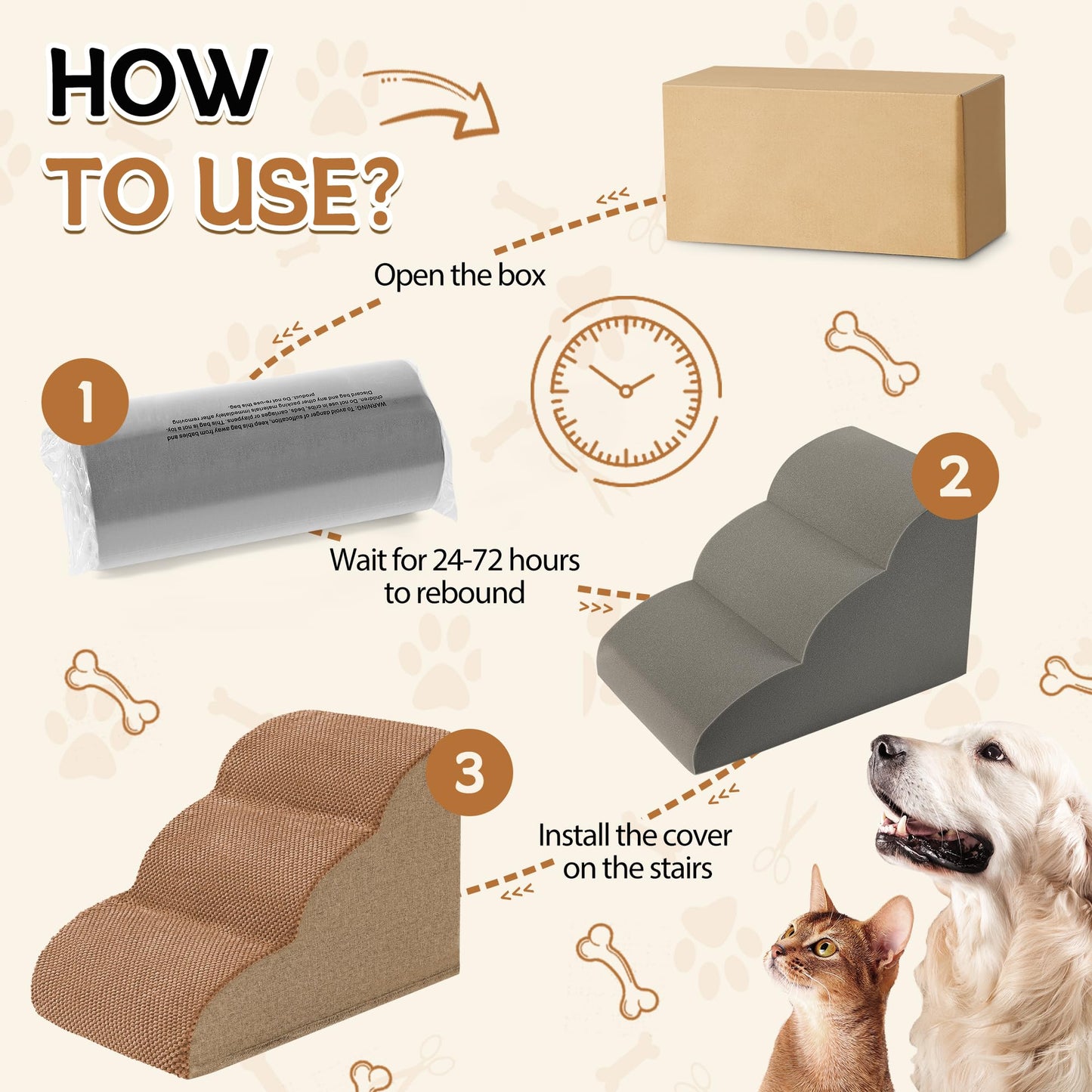 Romrol Dog Stairs Ramp for Beds Couches, Extra Wide Pet Steps with Durable Non-Slip Waterproof Fabric Cover, Dog Slope Stairs for Small Dogs and Cats or Pets Friendly, 3-Tiers