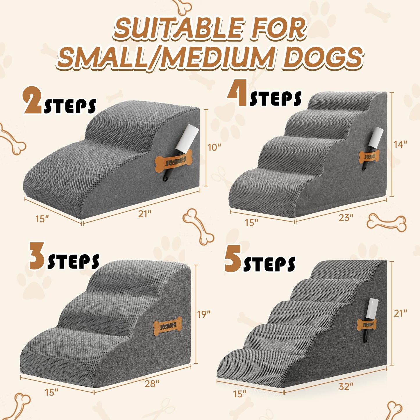 Romrol Dog Stairs Ramp for Beds Couches, Extra Wide Pet Steps with Durable Non-Slip Waterproof Fabric Cover, Dog Slope Stairs for Small Dogs and Cats or Pets Friendly, 3-Tiers