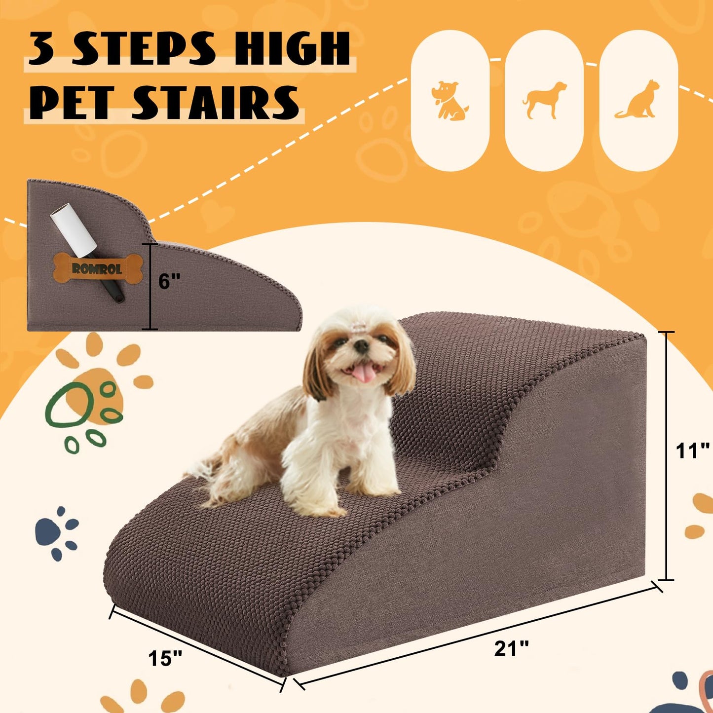 Romrol Dog Stairs Ramp for Beds Couches, Extra Wide Pet Steps with Durable Non-Slip Waterproof Fabric Cover, Dog Slope Stairs for Small Dogs and Cats or Pets Friendly, 3-Tiers