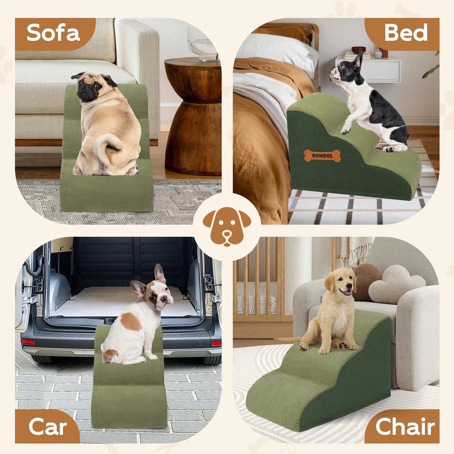 Romrol Dog Stairs Ramp for Beds Couches, Extra Wide Pet Steps with Durable Non-Slip Waterproof Fabric Cover, Dog Slope Stairs for Small Dogs and Cats or Pets Friendly, 3-Tiers