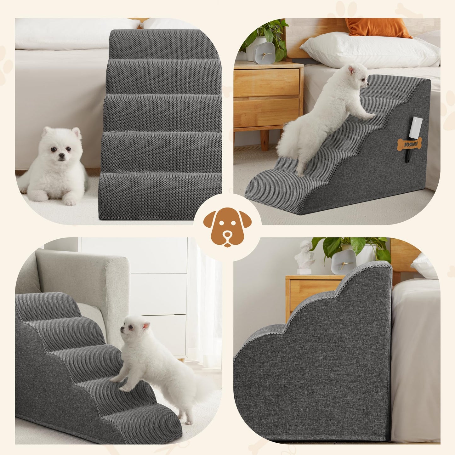 Romrol Dog Stairs Ramp for Beds Couches, Extra Wide Pet Steps with Durable Non-Slip Waterproof Fabric Cover, Dog Slope Stairs for Small Dogs and Cats or Pets Friendly, 3-Tiers