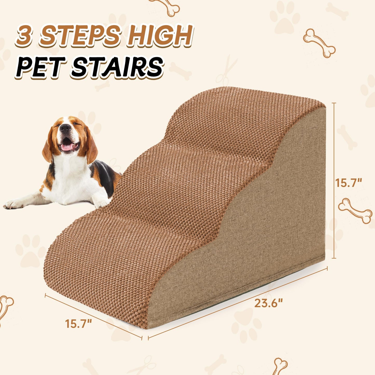 Romrol Dog Stairs Ramp for Beds Couches, Extra Wide Pet Steps with Durable Non-Slip Waterproof Fabric Cover, Dog Slope Stairs for Small Dogs and Cats or Pets Friendly, 3-Tiers