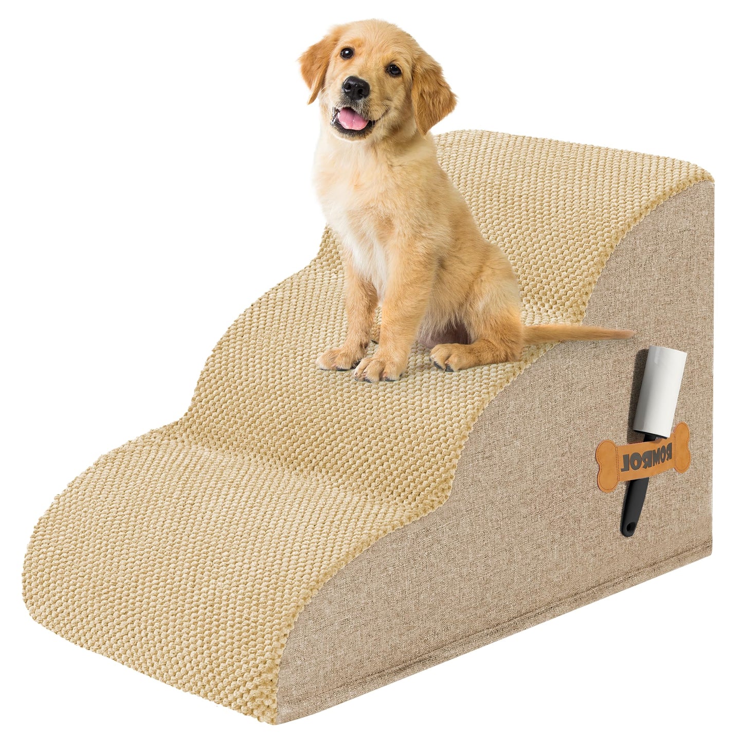Romrol Dog Stairs Ramp for Beds Couches, Extra Wide Pet Steps with Durable Non-Slip Waterproof Fabric Cover, Dog Slope Stairs for Small Dogs and Cats or Pets Friendly, 3-Tiers