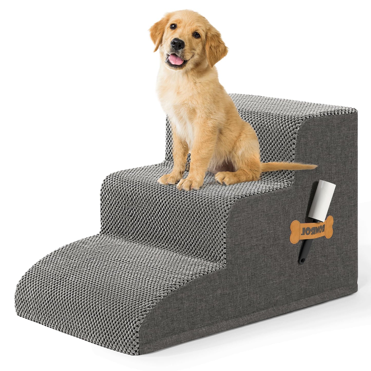 Romrol Dog Stairs Ramp for Beds Couches, Extra Wide Pet Steps with Durable Non-Slip Waterproof Fabric Cover, Dog Slope Stairs for Small Dogs and Cats or Pets Friendly, 3-Tiers