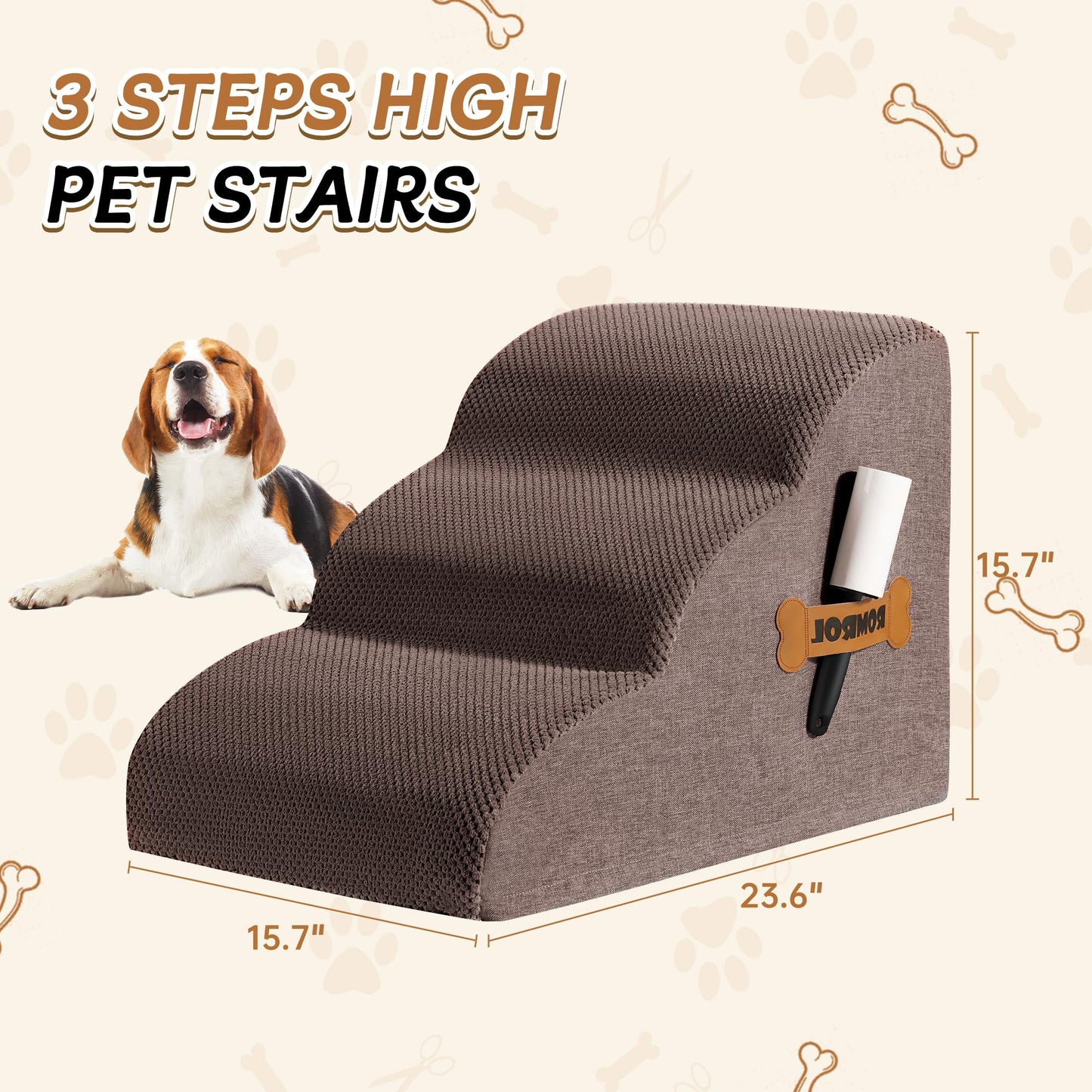 Romrol Dog Stairs Ramp for Beds Couches, Extra Wide Pet Steps with Durable Non-Slip Waterproof Fabric Cover, Dog Slope Stairs for Small Dogs and Cats or Pets Friendly, 3-Tiers