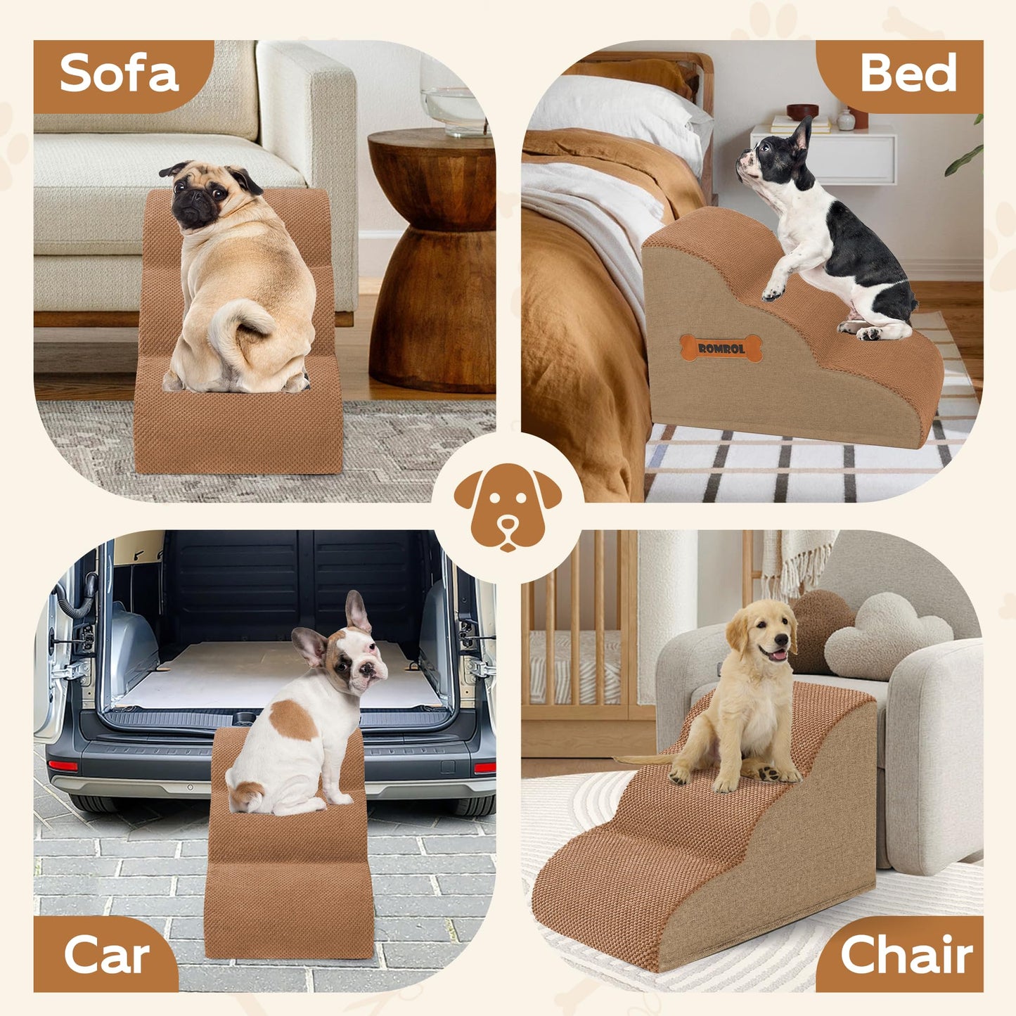 Romrol Dog Stairs Ramp for Beds Couches, Extra Wide Pet Steps with Durable Non-Slip Waterproof Fabric Cover, Dog Slope Stairs for Small Dogs and Cats or Pets Friendly, 3-Tiers