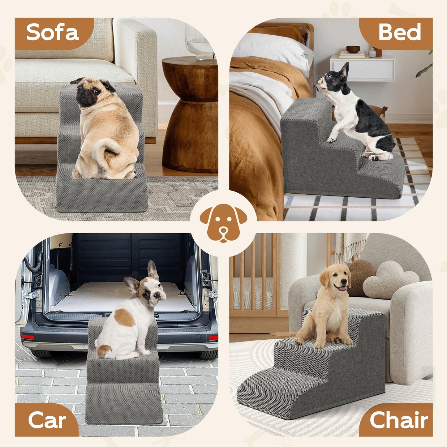 Romrol Dog Stairs Ramp for Beds Couches, Extra Wide Pet Steps with Durable Non-Slip Waterproof Fabric Cover, Dog Slope Stairs for Small Dogs and Cats or Pets Friendly, 3-Tiers