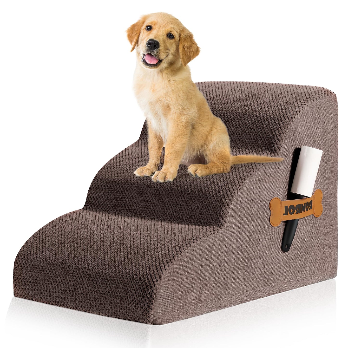 Romrol Dog Stairs Ramp for Beds Couches, Extra Wide Pet Steps with Durable Non-Slip Waterproof Fabric Cover, Dog Slope Stairs for Small Dogs and Cats or Pets Friendly, 3-Tiers